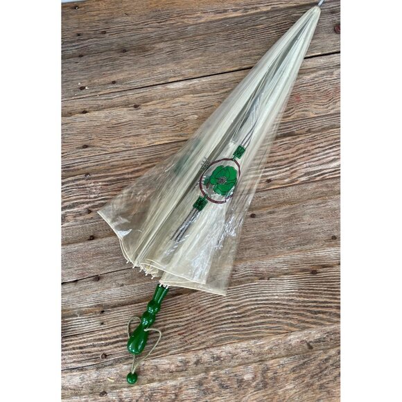 Vintage 1960s Clear Vinyl Bubble Umbrella Green Flowers & Handle - Picture 6 of 16